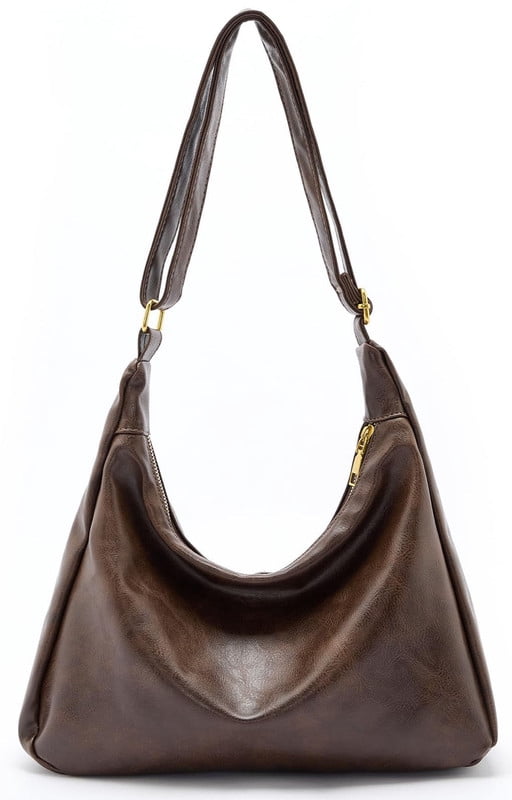 AOUNQ Hobo Bags for Women, Vegan Leather Shoulder Handbag, Stylish Slouchy Tote Bag, Crossbody Purses with Adjustable Wide Strap, Brown