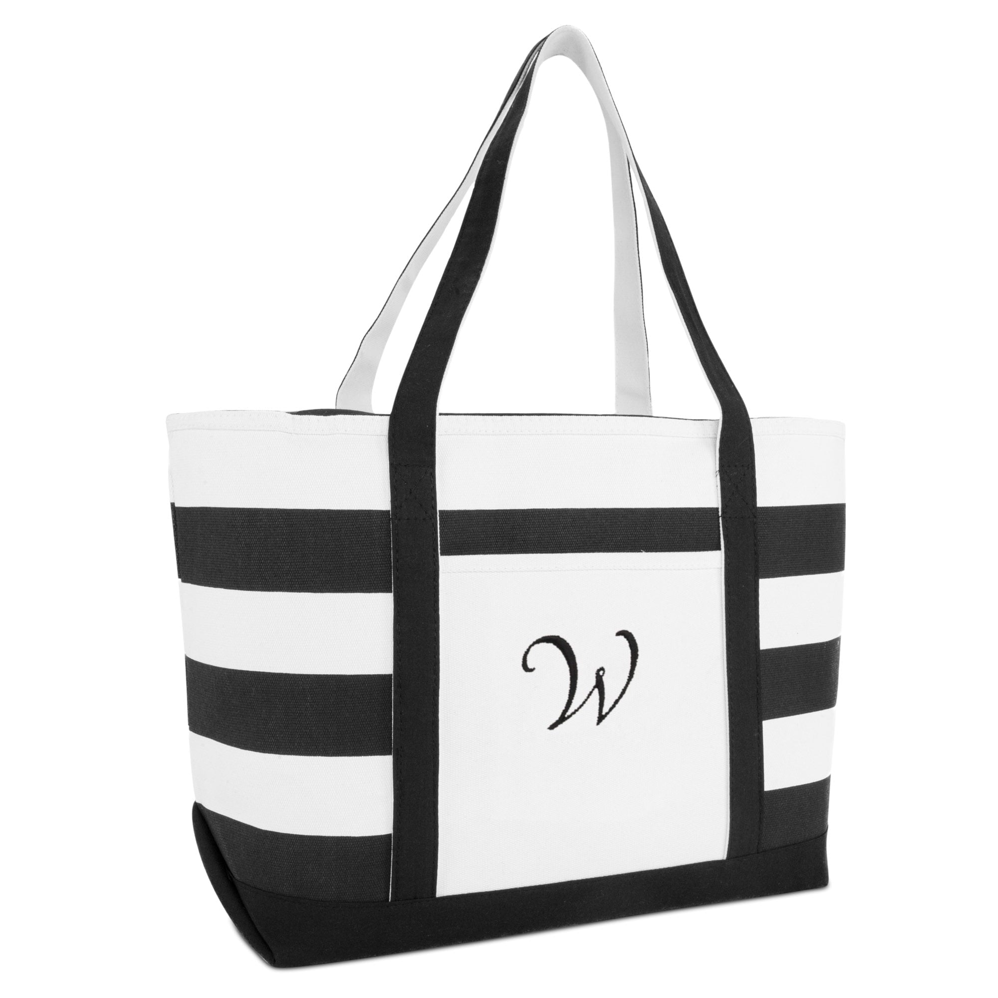 DALIX Striped Beach Bag Tote Bags Handbag Personalized Black Ballent Letter W